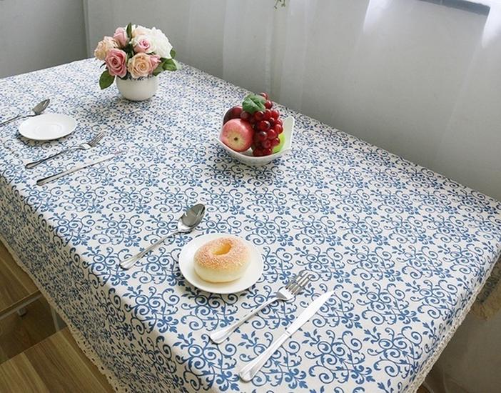 Retro Blue and White Porcelain Table Cloth Lace Rectangular Chinese Style Cotton Print Dinning Table