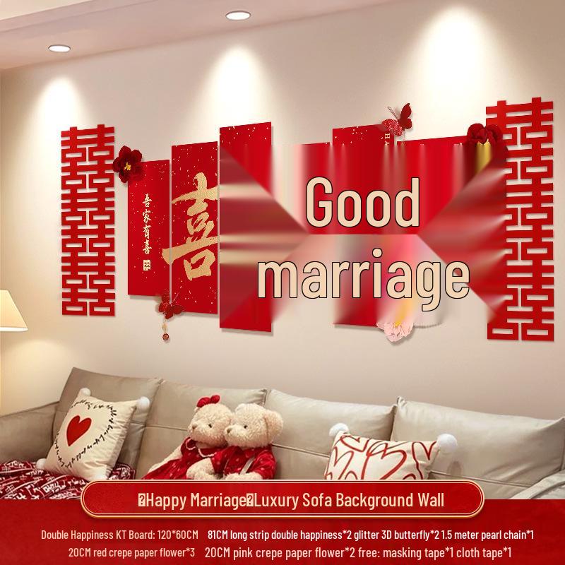 Wedding Decoration Set: Sofa Background, Bedroom Bedside, and Double Happiness Board for Groom's New House