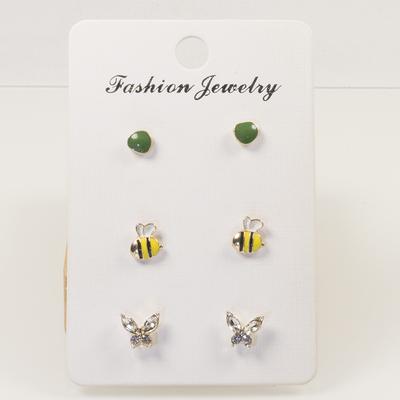 Silver Needle Little Bee Butterfly Stud Earrings Three Pairs of Earrings Women's Suit Korean Version Cute Simple Earrings
