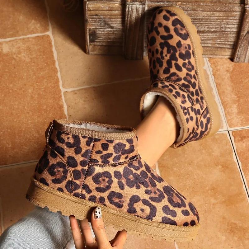2024 High Quality Women's Shoes Ankle Women's Boots Warm Snow Boots Women Leopard Print Round Toe Slip On Flat with Shoes Women