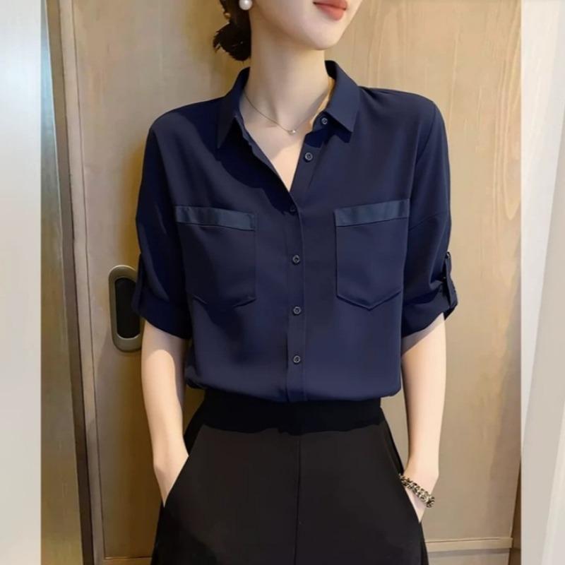 Navy Blue Elegant Short Sleeve Shirt For Women Office Commute S