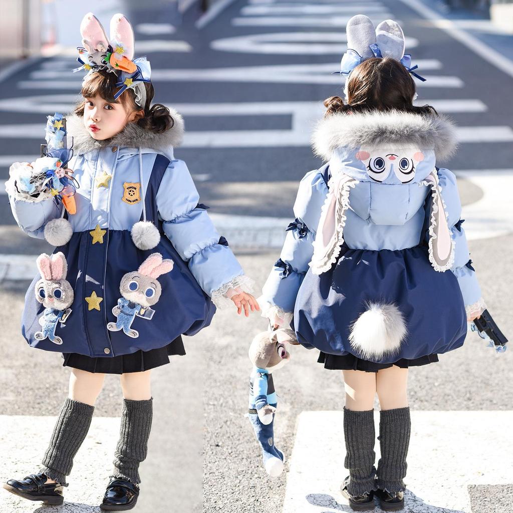 2025 Winter Girls' Elegant Rabbit Officer Down Jacket – High-End Fashion Baby Coat