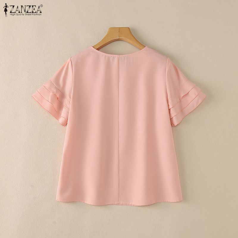 ZANZEA Blusa da donna casual a girocollo, tinta unita, manica corta larga
