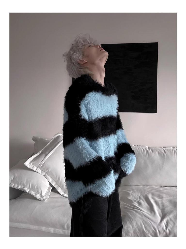 Maglione Retro da Uomo in Finta Pelliccia di Vison - Lavorazione a Maglia con Strisce a Contrasto, Morbido e Accogliente per Autunno/Inverno