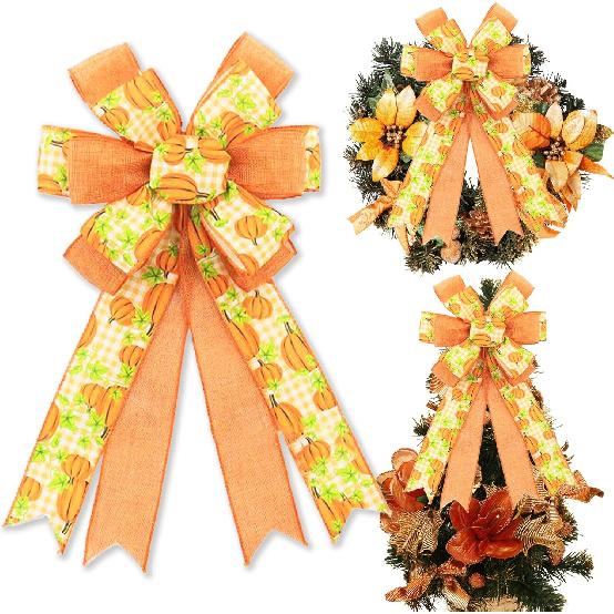 Fall Bows - Thanksgiving, Autumn Leaves, Buffalo Plaid & Burlap, White, Black, Orange - Front Door, Indoor/Outdoor Wall Decor - 10 Pack