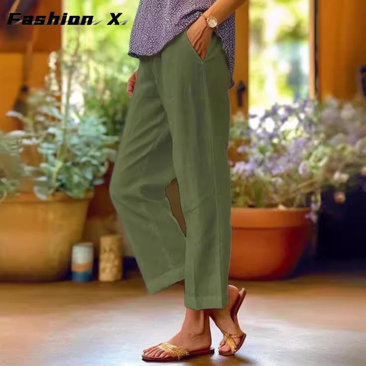 

Хлопковые льняные брюки, женские свободные прямые брюки M зелёный
