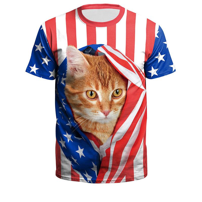 Summer Round Neck 3D American Flag and Animal Graphic Print T-shirts Fashionable Casual Short Sleeved Men's T-shirts