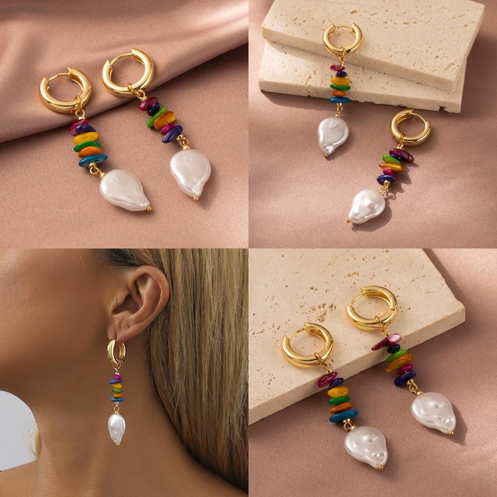 Fashionable Geometric Earrings With Colorful Stones And Imitation Pearls For Women
