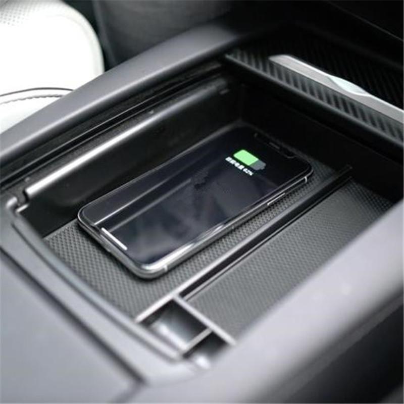 SRXTZM Nová bezdrátová nabíječka do auta, držák telefonu, úložný box do loketní opěrky pro iPhone, Samsung, konzolový držák pro Tesla Model XS