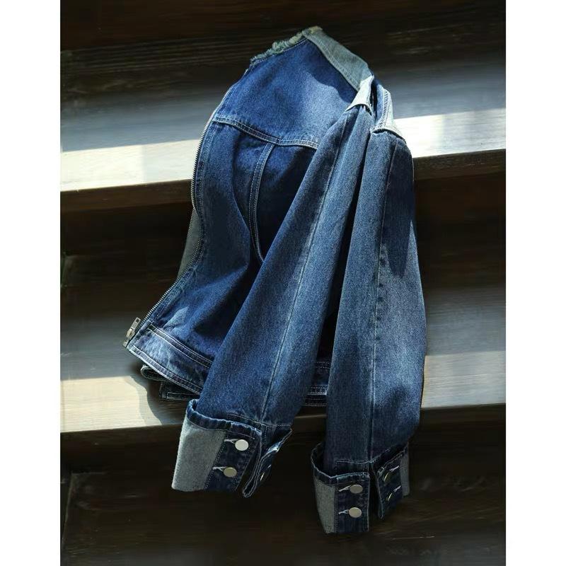 Solid Color Denim Coat Spring Autumn Casual Stand Collar Zipper Fashion Pockets Tassel Spliced Jackets