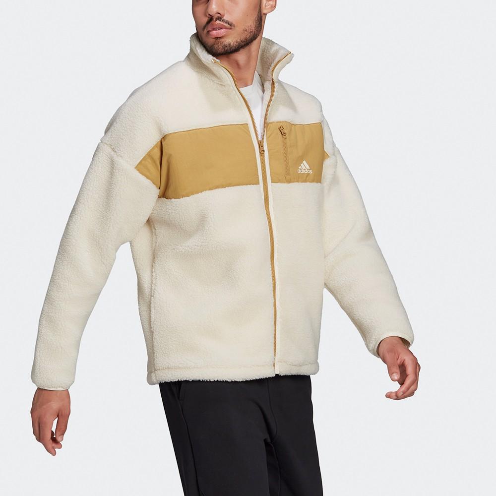 Adidas Colorblock Fleece Warm Logo Sports Stand Collar Jacket for Men, Off-White