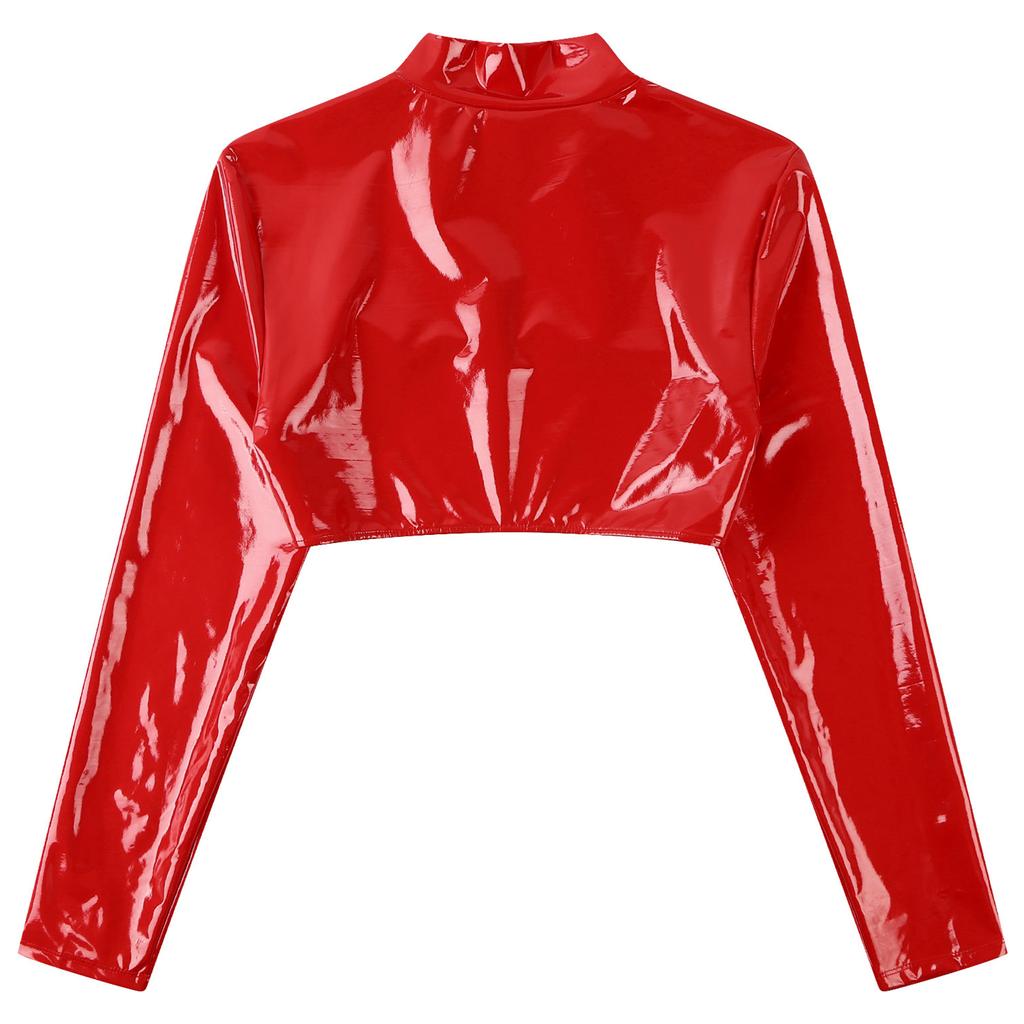Dámsky lesklý latexový crop top s dlhým rukávom, zipsom vpredu, slim strih, odhaľujúci prsia, spodná bielizeň na párty