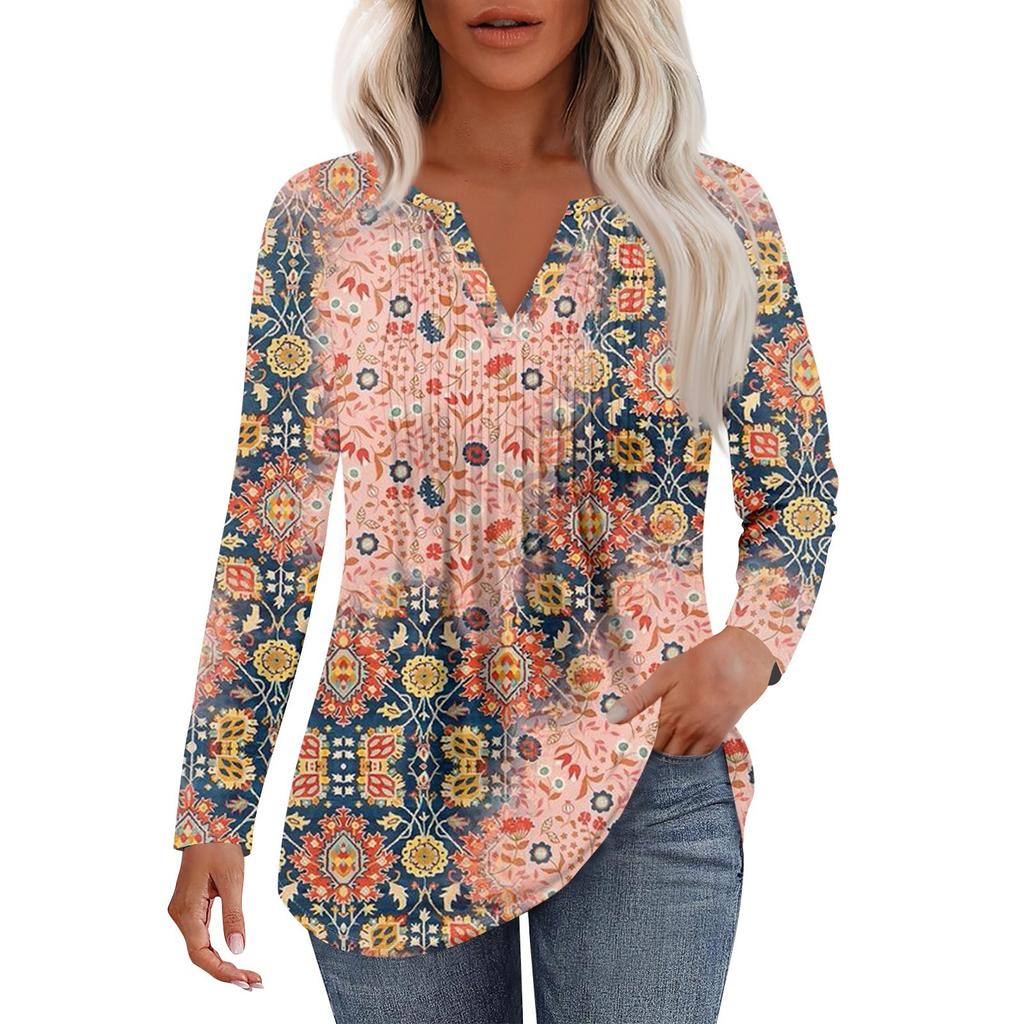 Dámská móda Ležérní Plisované Tričko s V výstřihem a Dlouhým Rukávem Elegantní Top