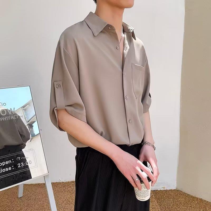 Men's Ice Silk Five-Point Sleeve Shirt - Loose, Wrinkle-Free Korean Fashion, Versatile Summer Top