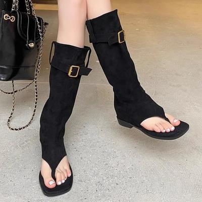 Summer Women Boots Open Toe Chunky Heel Sandals Knee-High Boots Flock Shoes for Women Low Heel Boots Belt Buckle Plus Size Shoes