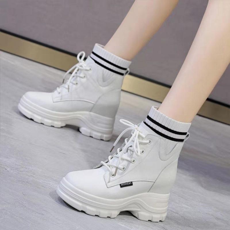 Fashion 9cm Genuine Leather Women Ankle Motorcycle Snow Booties Autumn Winter Warm Fur Plush Platform Wedge Women Fashion Shoes