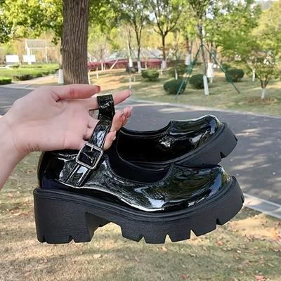 Black Platform Pumps Women's Ankle Buckle Japanese Patent Leather Mary Jane Shoes Punk Thick Heels Lolita Footwear