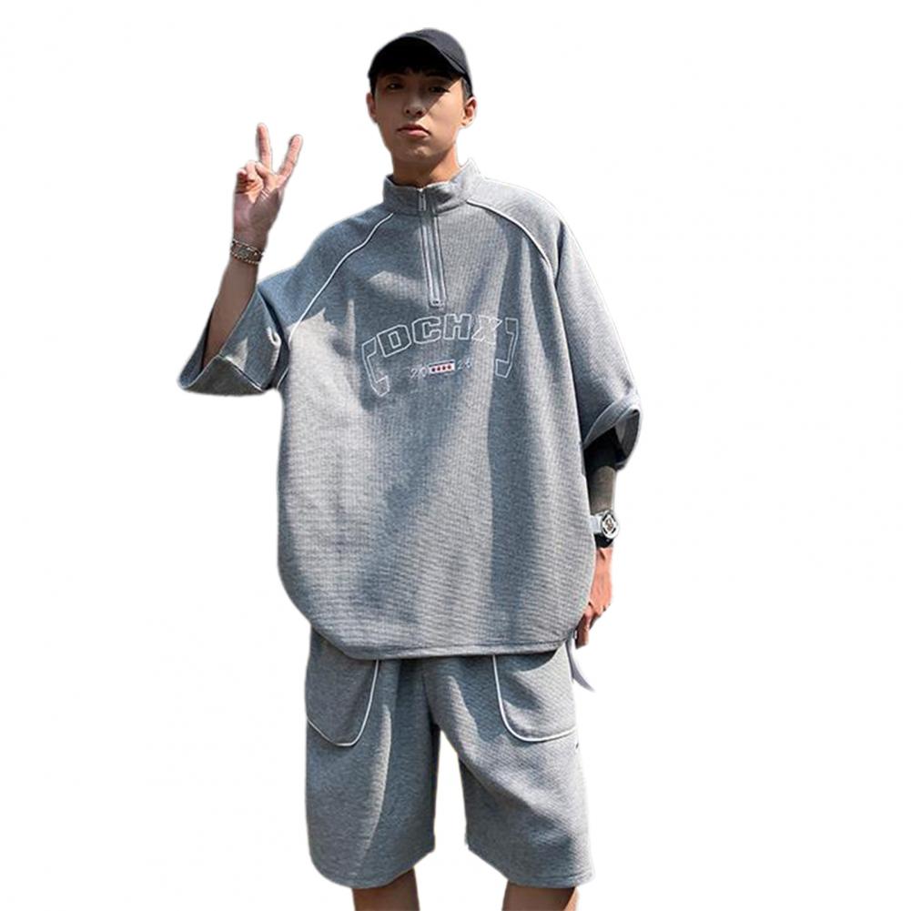 

2 шт./комплект мужской летний спортивный костюм вафельный полумолния половина рукава воротник стойка футболка шнурок эластичный пояс свободные брюки Streetwe S серый