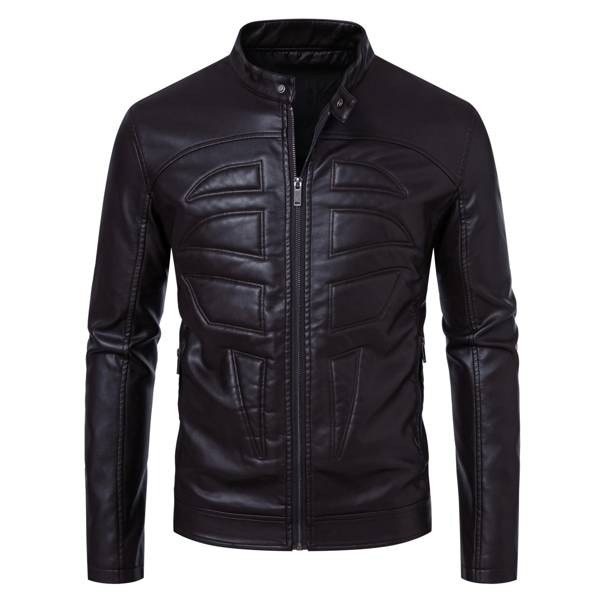 

Spring and Autumn Stand-up Collar Casual Men s Leather Jacket Business Leather Jacket Motorcycle Jacket XXXL темно-коричневого кольору