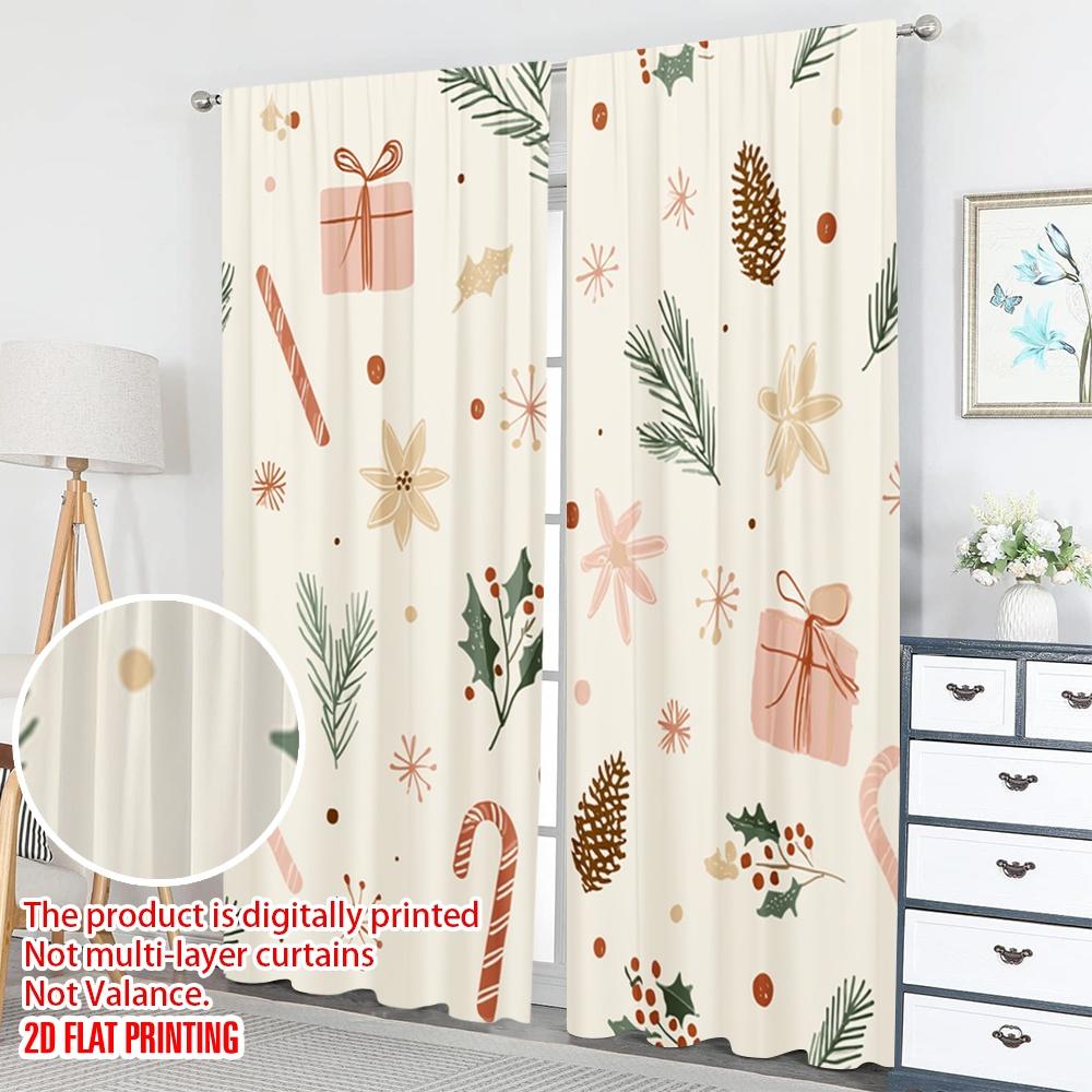 2pcs 2D flat printing Happy Christmas Scene Curtains Christmas Wrapping Paper Gifts Pinecones Digital Printed Polyester Drapes