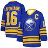 Camiseta de Hockey Azul con Acentos Amarillos Capitán "C" Logo Clásico de Búfalo y Espadas Cruzadas Capa Base Cómoda