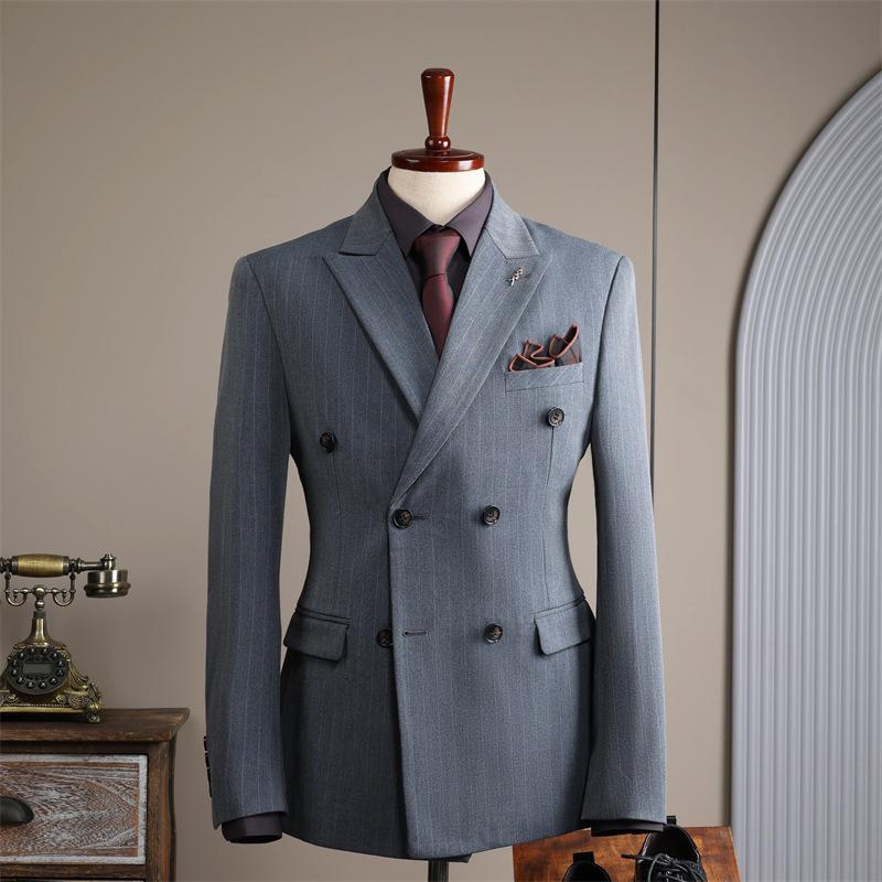 Men's Double-Breasted Striped Suit Set for Weddings & Business – Slim Fit Tuxedo & Formal Wear
