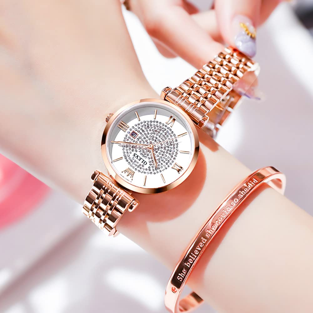 OLEVS Simple Date Rose Diamond Double Folding Wine Red Women's Watch, Casual, Display, Waterproof, Gold, Dial, Clasp, Gift,