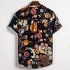 Camicia Casual Estiva da Spiaggia da Uomo con Stampa Foglie Tropicali, Collo Henley, Manica Corta