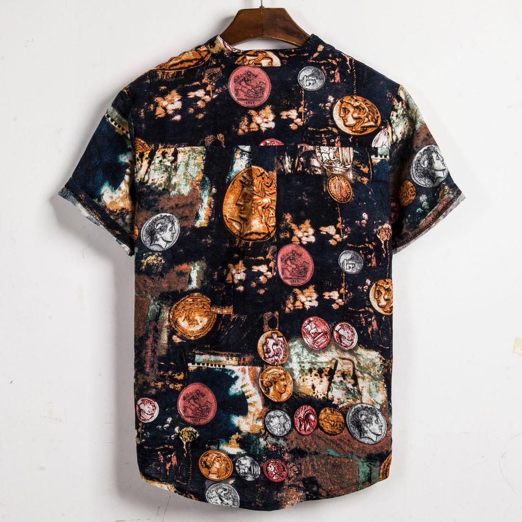 Camicia Casual Estiva da Spiaggia da Uomo con Stampa Foglie Tropicali, Collo Henley, Manica Corta