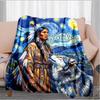1PC Custom Name Native American Wolf Night Flannel Blanket Versatile,all-season Throw Suitable for the Living Room,bedroom,camping,travel,and Gift