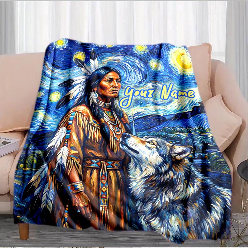 1PC Custom Name Native American Wolf Night Flannel Blanket Versatile,all-season Throw Suitable for the Living Room,bedroom,camping,travel,and Gift