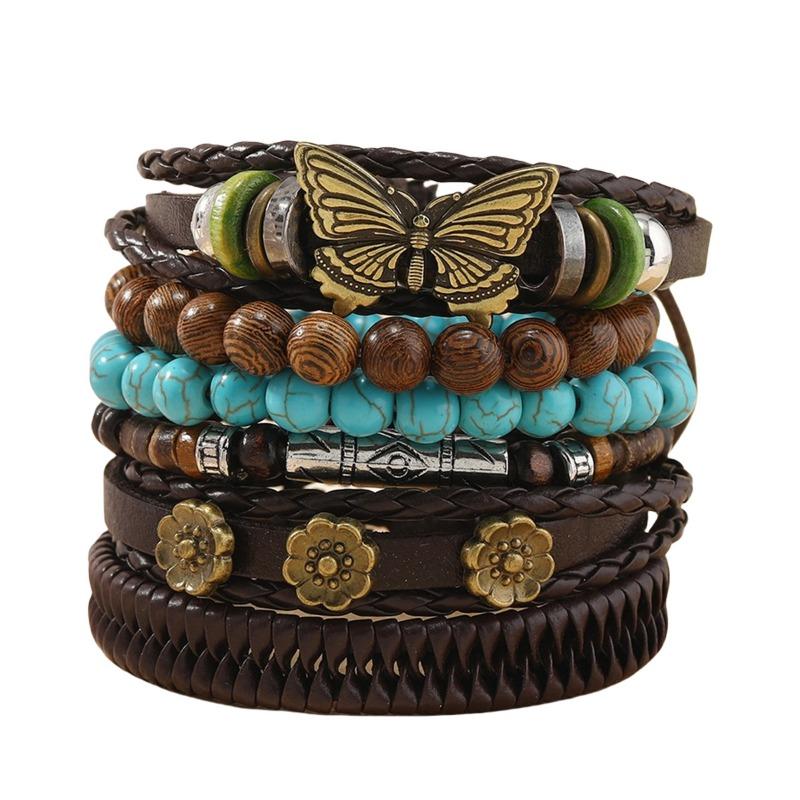 Summer New Hot Fashion Sells Butterfly Plum Blossom Turquoise Chicken Wing Wood Handwoven Personalized Bracelet Six-piece Set