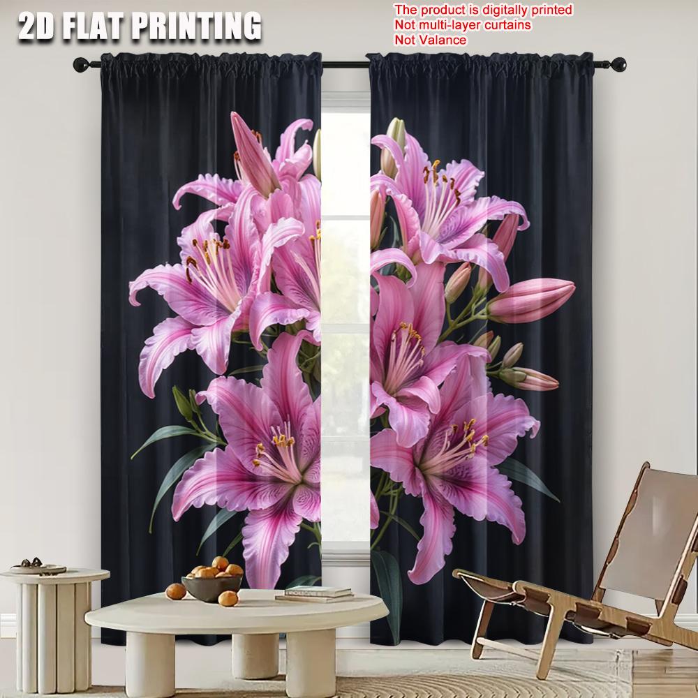 2pcs, 2D flat printing Window Curtains lily Versatile Polyester Fabric,Without Electricity Festive Holiday Applies to Home Use