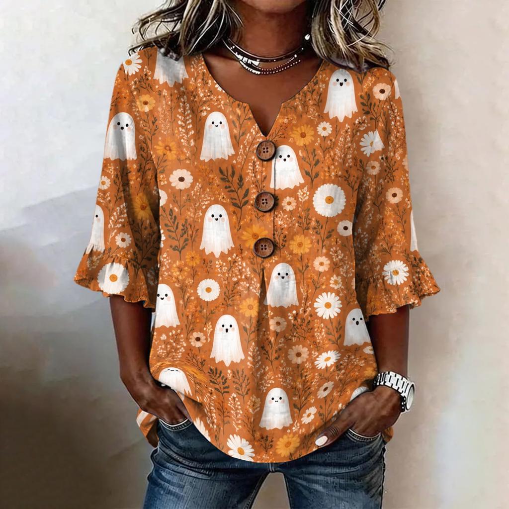 Women's Casual Halloween Print V-Neck Ruffle Sleeve Loose Fit Top