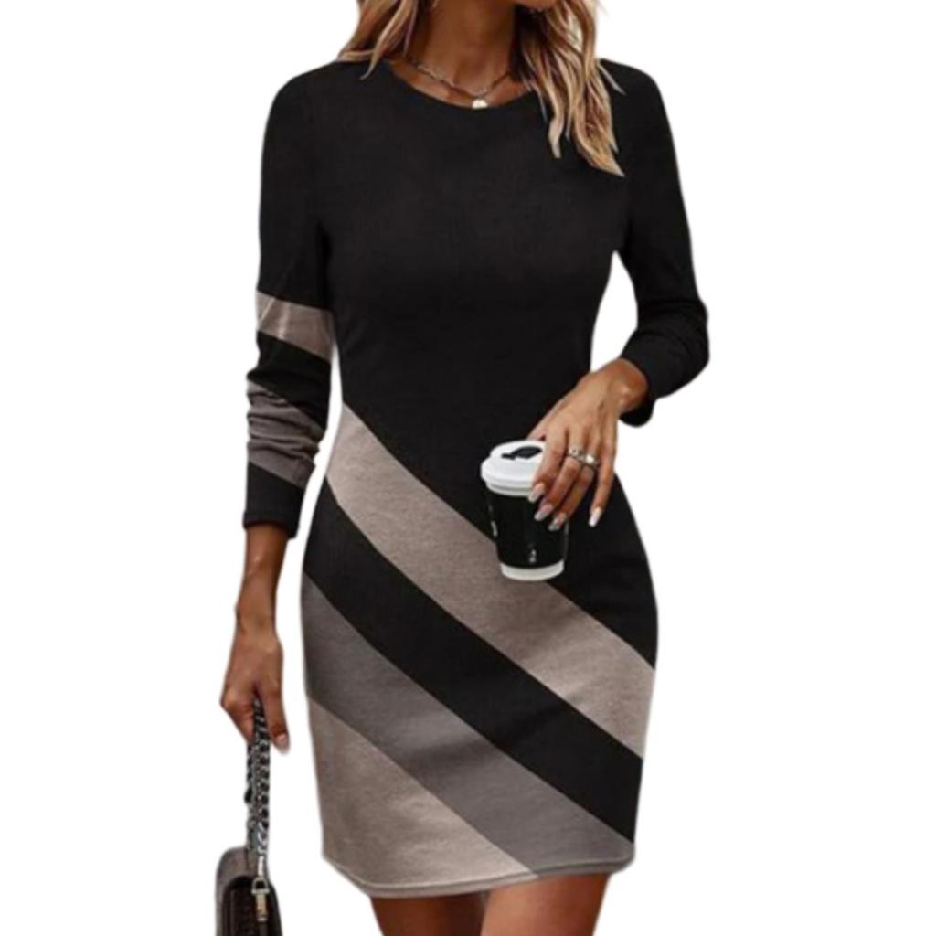 Women's Loose Comfortable Casual Fashionable Contrasting Color Round Neck Long Sleeved Sweatshirt Dress