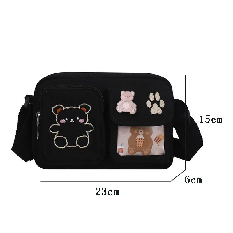 Fashion Canvas Small Bag Japanese Ins Women Shoulder Bag Cute Funny Personality Embroidery Bear Teenager Girl Student Transparent Messenger Bag