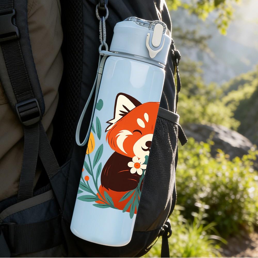 1PC Floral Red Panda 750ml Color Plastic Sports Water Bottle Leakproof Flip Straw Lid Suitable for Sports Office Home Use