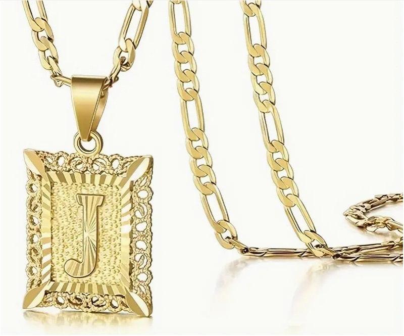 Initial Letter Pendant Necklace for Men Women 14K Gold Plated Square Necklace 26 Letters Long Chain Necklace GZW