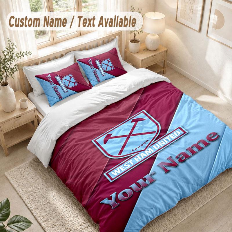 Custom Name Bedding Set 3 PiecesWest Ham United FC Print Duvet Cover + 2 Pillowcases Soft Bed Decor