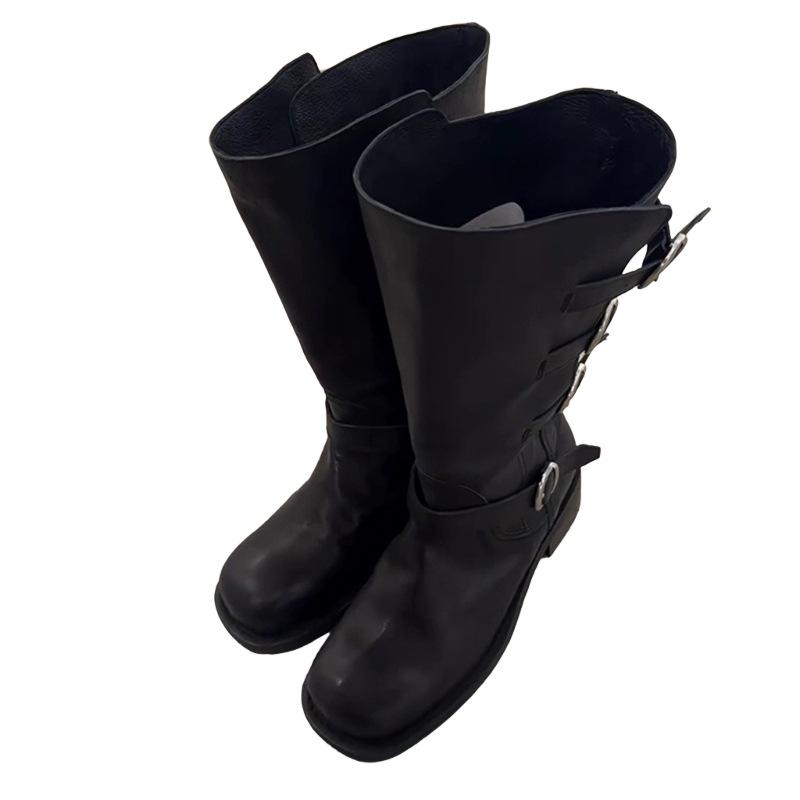 2025 New Autumn Round Head Retro Belt Buckle Boots Adjustable Thick Legs Simple Thick Heel Medium Tube Knight Boots