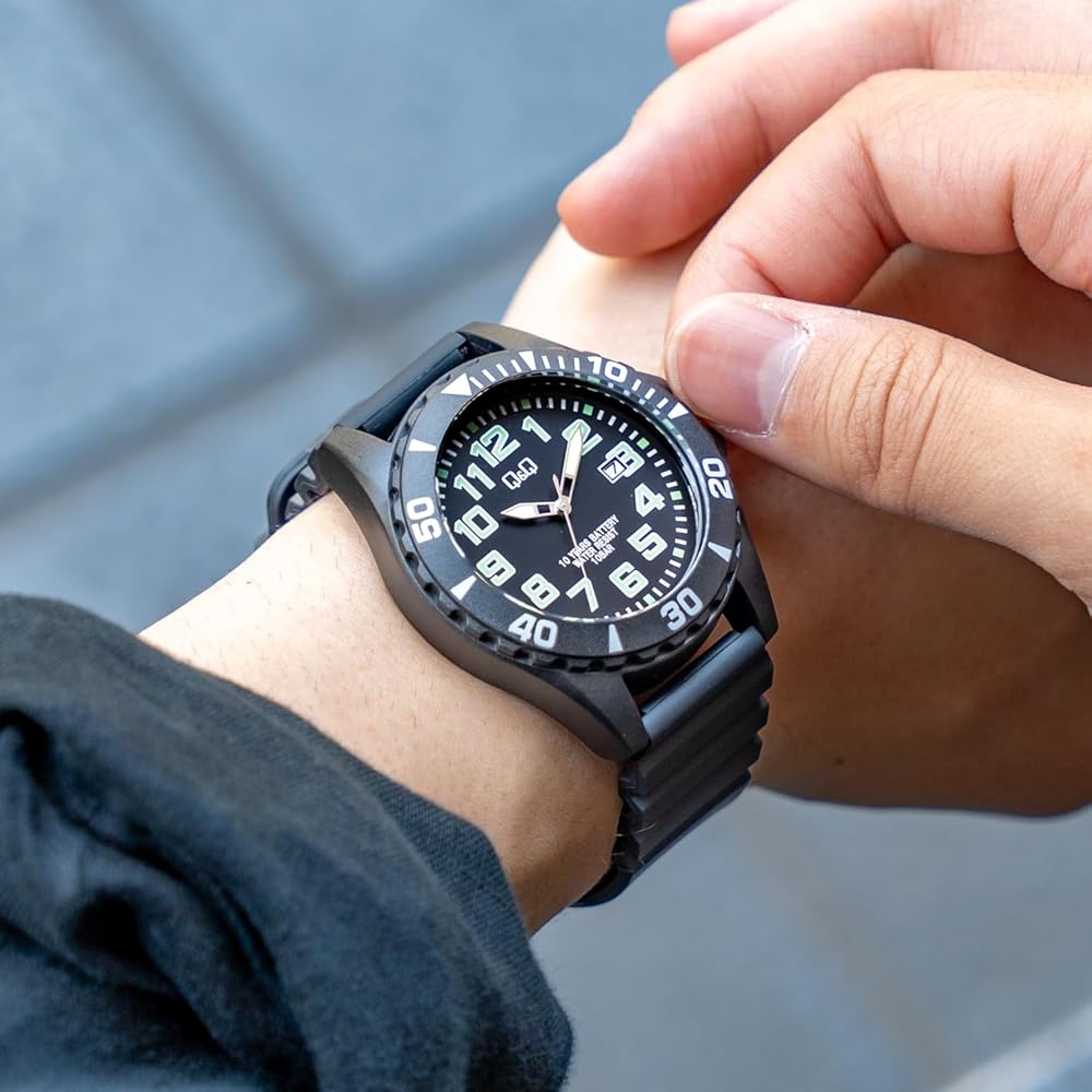 Citizen Q&Q Analog Watch 10-Year Battery Life 10 ATM Water Resistant Date Black Rubber Band Men's A22A-001VK