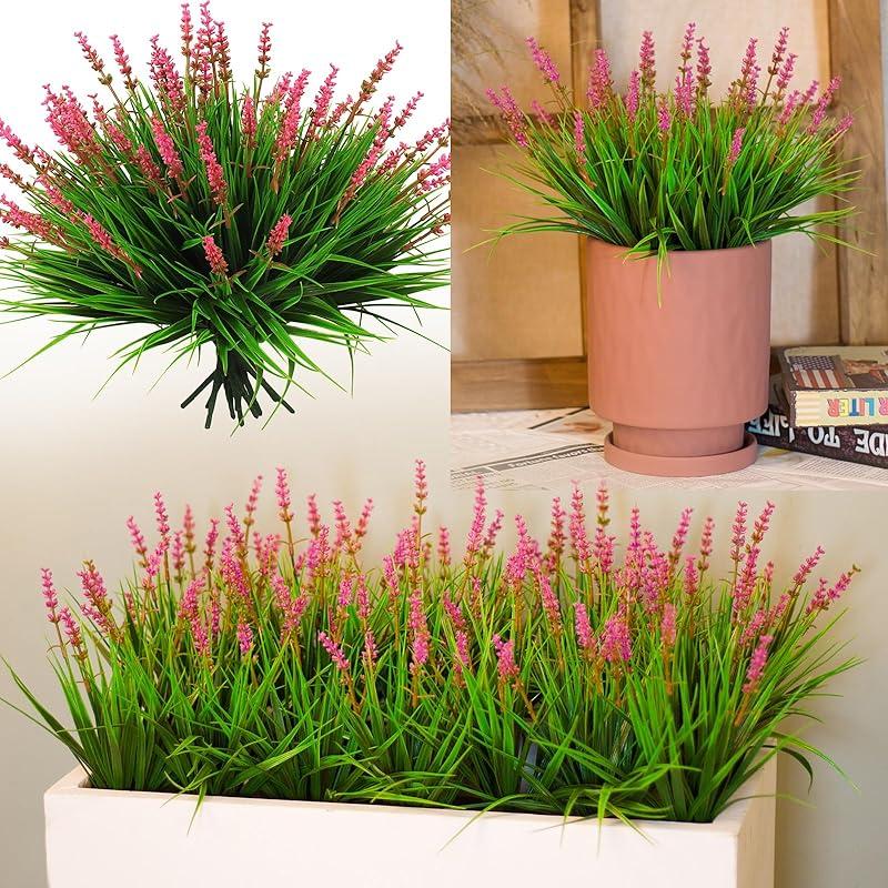 Alyptus 12 Bundles Artificial Plants Outdoor Fake Monkey Grass with Flowers for Pot UV Resistant Plant Decor for Window Garden Patio Hanging Planter