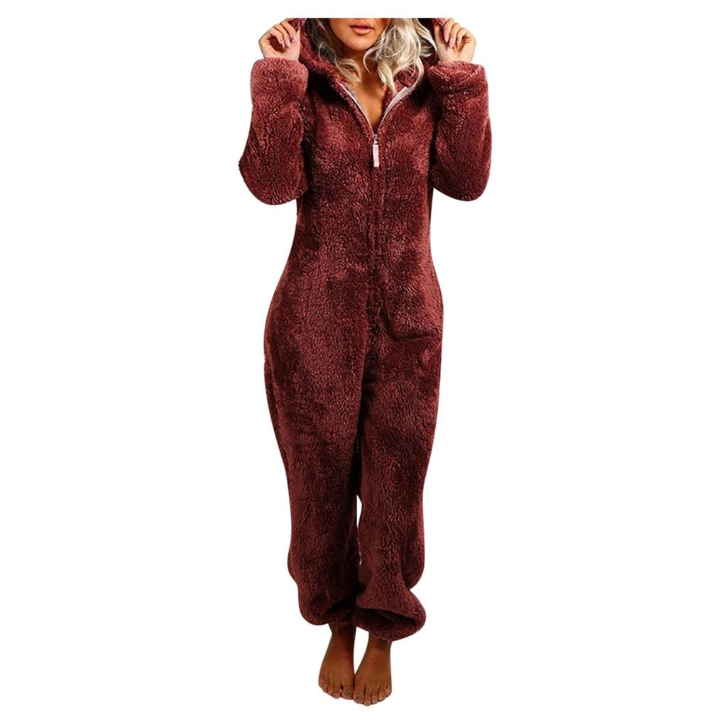 Women Long Sleeve Hooded Jumpsuit Pajamas Casual Winter Warm Rompe Sleepwear