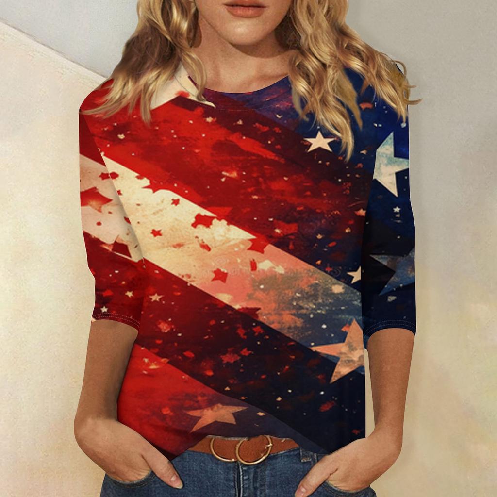 Women's Fashionable Casual Independence Day American Flag and Stars Print Neck Three-Quarter Sleeve T-Shirt Top