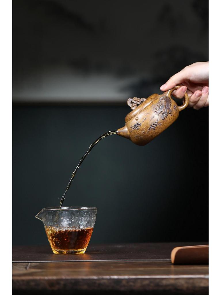 Handmade Yixing Dragon Bone Gold Sand Kung Fu Tea Set by Renowned Artist