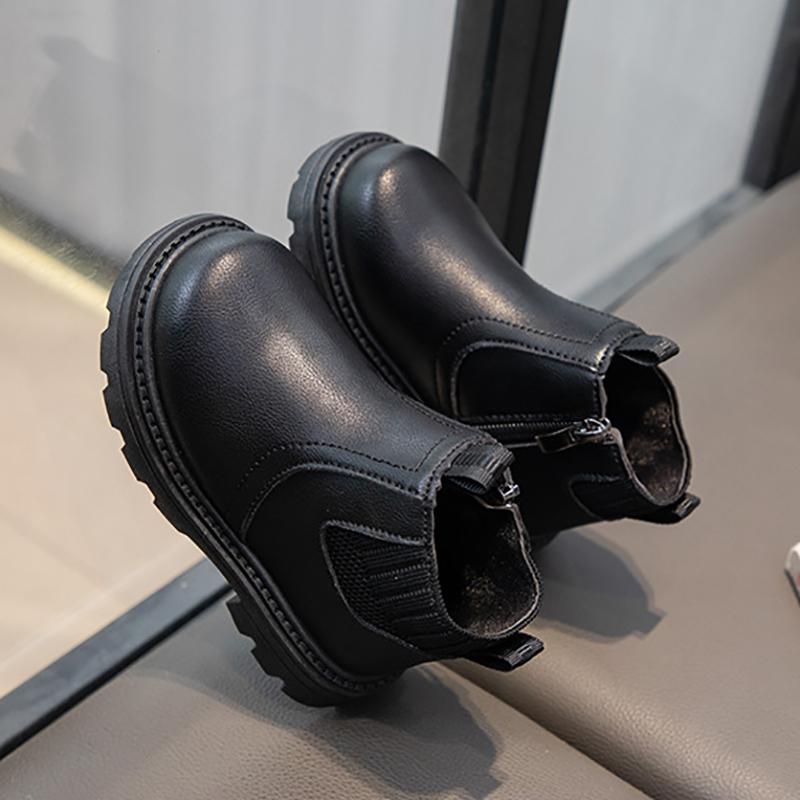 Children's British Style Leather Boots with Side Zipper and Non-Slip Sole