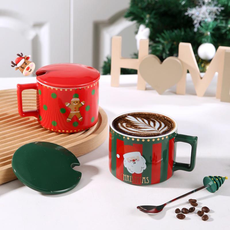 Cute Elk Christmas Ceramic Mug Set with Lid & Spoon - Perfect Holiday Gift