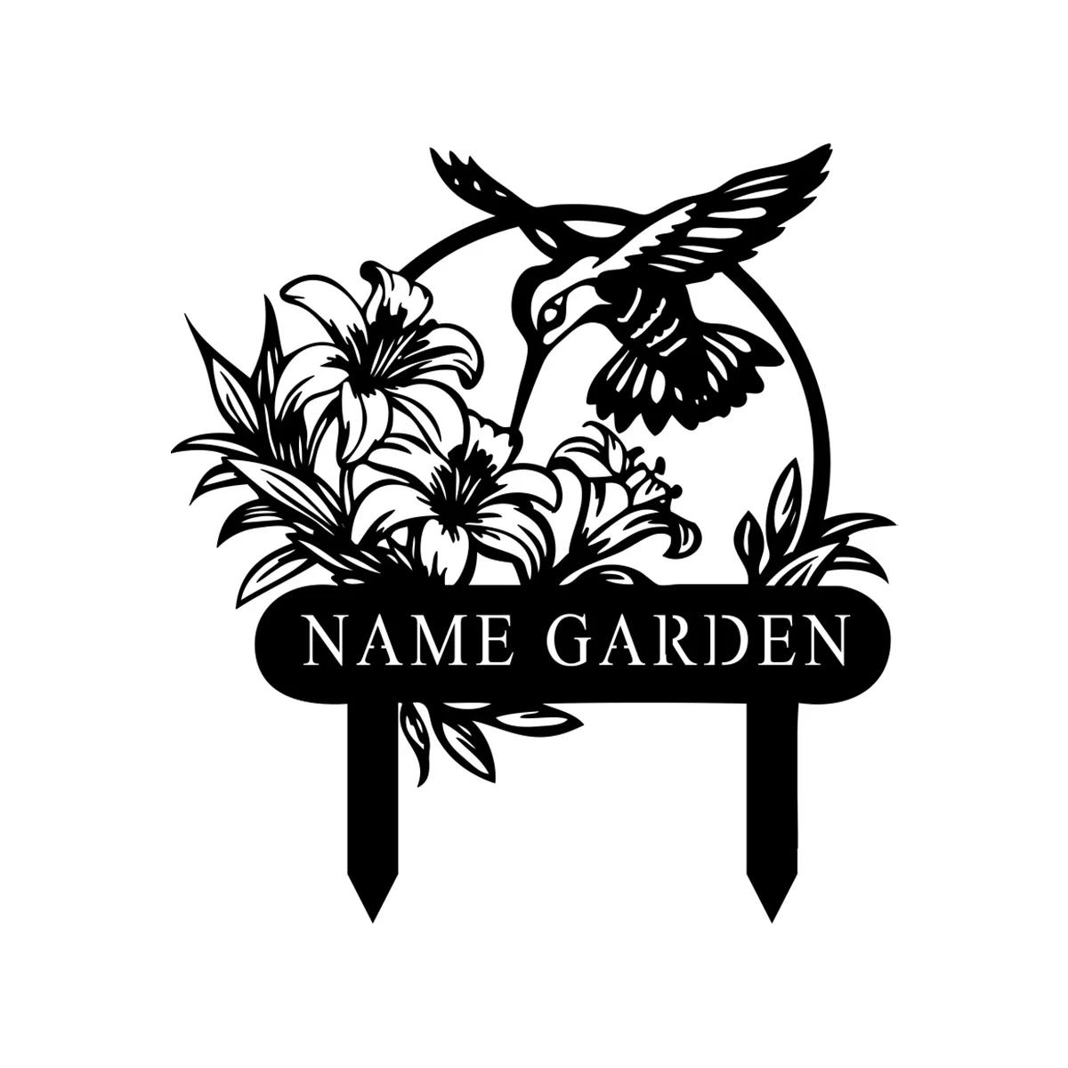 

Custom Personalized Hummingbird Garden Metal Sign, Garden Decor Name Plate чорний