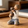 Puppy And Boy Figurine Kneeling Boy In Blue Jeans Holding Dog Statue Resin Sculpture for Bedroom Office Desk Bookshelf Decor Gifts for Dog Lovers