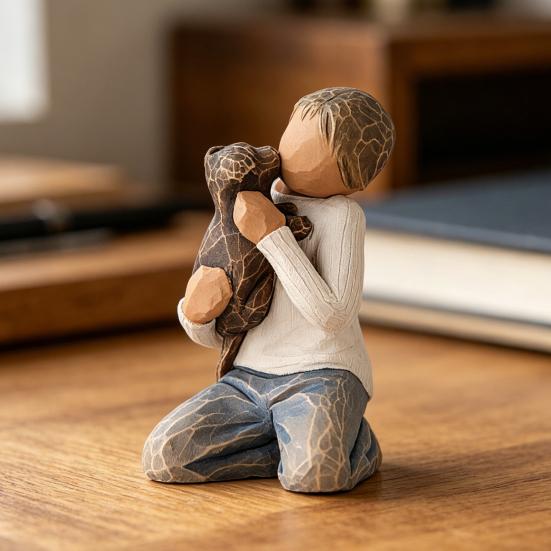 Puppy And Boy Figurine Kneeling Boy In Blue Jeans Holding Dog Statue Resin Sculpture for Bedroom Office Desk Bookshelf Decor Gifts for Dog Lovers